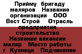 Прийму  бригаду маляров › Название организации ­ ООО “Вест-Строй“ › Отрасль предприятия ­ строительство › Название вакансии ­ маляр › Место работы ­ г. Кузнецк › Подчинение ­ мастер › Минимальный оклад ­ 30 000 - Пензенская обл., Кузнецкий р-н, Кузнецк г. Работа » Вакансии   . Пензенская обл.